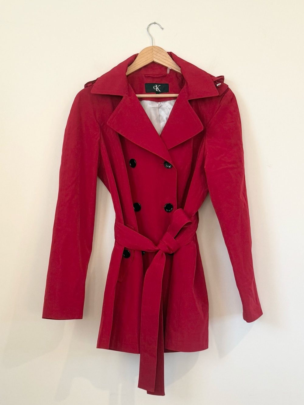 Calvin Klein Red Classic Double Breasted Belted Trench Coat Jacket Size M